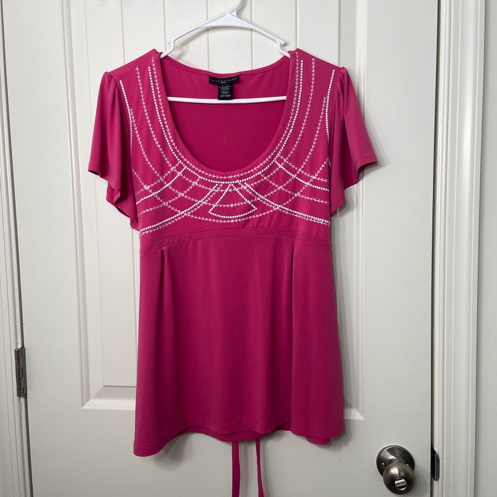 Apostrophe women’s pink stretch scoop neck tie loose sleeve empire blouse‎ top